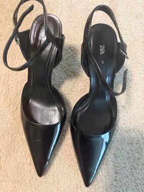 ZARA Black Patent Pointed Slingback Heels